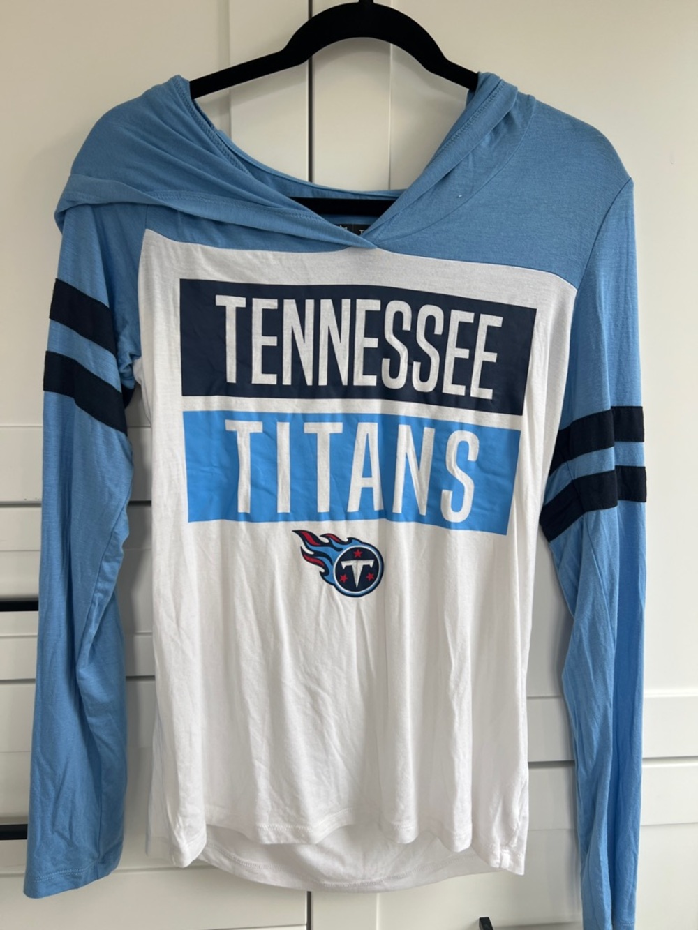 Team Apparel Tennessee Titans Long Sleeve Hooded Tee - Light Blue, White & Navy